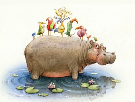 Hippo Illustration, Dark Alice In Wonderland, Friends Illustration, Cute Hippo, Color Drawing, Childrens Wall Art, Animal Sketches, Hippopotamus, Animal Clipart