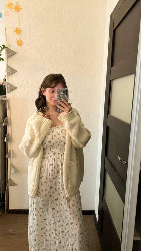 Floral Dress And Cardigan Outfit, Cardigan On Dress, Comfy Cardigan Outfit, Cardigan And Dress Outfit, Dress With Cardigan Outfit, Dress Cardigan Outfit, Mission Outfits, Modesty Journey, Cardigan For Dress