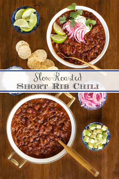 Slow Roasted Short Rib Chili Chili Recipe Easy Stovetop, Short Rib Chili, Chipotle Beef, Delicious Chili Recipe, Healthy Beans, Chili Ingredients, Chili Recipe Easy, Crowd Pleasing Recipes, Short Rib