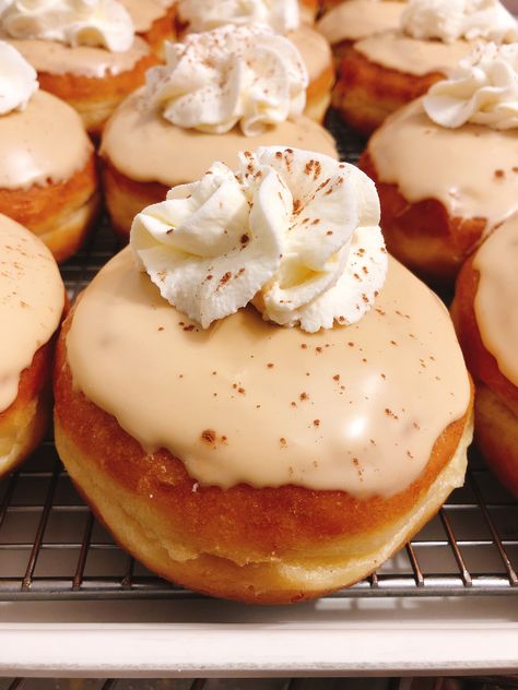 It’s the donut you can’t get enough of! Almond Roca whipped cream w/ a latte icing. #sunday Donut Decorating Ideas, Almond Roca, Donut Dessert, Donut Decorations, Cafe Concept, Dessert Lover, Mouth Watering, Mini Cheesecake, Whipped Cream