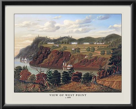 Restored panoramic view of the U.S. Military Academy at West Point, New York, 1850 from the original oil painting by Thomas Chambers. 24 x 30 Thomas Chambers, Military Academy, West Point, Panoramic View, Antique Maps, Historical Maps, City Maps, Vintage Maps, Birds Eye View