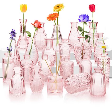 PRICES MAY VARY. ✿ CENTERPIECE DECOR VASES: Each set contains 22 glass bud vases of different shapes which is carved with vintage and elegant patterns to enhance its attractiveness. You can use them alone as a beautiful decorative piece, or you can add green plants and artificial flowers to create an atmosphere. *Tips: Handwashing with cold water and take it gently.* ✾ THICK & STURDY GLASS VASES: These charming small flower vases are made of thick and strong glass, which is durable and not easil Creative Vases For Flowers, Decorating With Fake Flowers, Hot Pink Flower Centerpieces, Classy Bridal Shower Decor, Little Vases With Flowers, Baby In Bloom Centerpiece Ideas, Daisy Table Decor, Flowers For Wedding Tables, Flower Centerpieces For Party