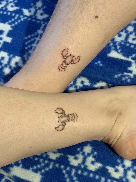 Friends Show Matching Tattoos, Small Maine Tattoo, Lobster Matching Tattoos, Matching Lobster Tattoos, Lobster Couple Tattoo, Matching Florida Tattoos, Fine Line Lobster Tattoo, Friends Tv Show Tattoo Ideas Matching, Lobster Tattoo Small Couple