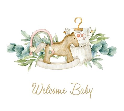 Premium Photo | Watercolor illustration card hello baby with eucalyptus wreath and wood horseIsolated on white طفلة حديثة الولادة, Baby Print Art, Idee Babyshower, Baby Art Projects, Floral Cards Design, Drawing Clipart, Baby Album, Hello Baby, Baby Card