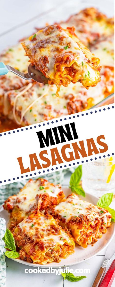 These mini lasagnas, or lasagna roll ups are individual servings of the Italian favorite! The roll pus are much easier to make than traditional lasagna and are loaded with a cheesy filling and savory meat sauce for a satisfying recipe great for meal prep. These roll-ups are freezer-friendly and perfect for weeknight dinners, meal-prep, holiday meals, and more! Lasagna Recipe Roll Ups, Easy Meat Lasagna, Freezer Lasagna, Cabbage Lasagna, Mini Lasagna, Delicious Lasagna, Lasagna Roll Ups, Meat Lasagna, Lasagna Roll