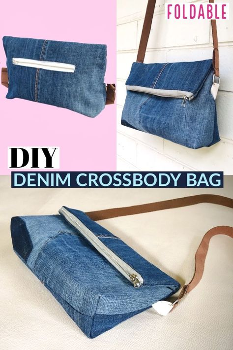 DIY Denim Crossbody Bag Tutorial with Pattern. Learn how to sew a stylish tote bag with step-by-step instructions and #Diy_Jeans_Bag_Tutorial #Jeans_Bags_Ideas #Crossbody_Bag_Tutorial #Diy_Jean_Bag Diy Jeans Bag Tutorial, Jeans Bags Ideas, Crossbody Bag Tutorial, Diy Jean Bag, Diy Bags Tutorial, Artisanats Denim, Crossbody Bag Diy, Pattern Jeans, Denim Crossbody Bag