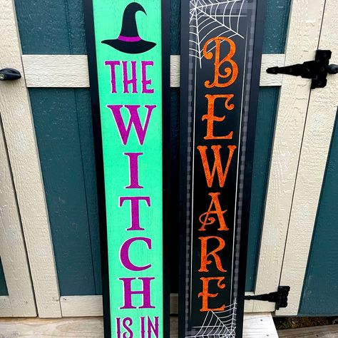 Brand New. Perfect For The Season And All Year Round Beware & The Witch Is In Halloween Witch Porch Signs, The Witch Is In Porch Sign, Wood Front Porch Signs, Door Leaner Signs Diy, Funny Front Porch Signs, Halloween Boards Signs, Halloween Porch Signs Diy, Hocus Pocus Signs, Holiday Porch Signs