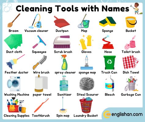 Cleaning Tools with Names with Pictures Picture Vocabulary, Cleaning Supplies List, Learn Vocabulary, English Learning Books, Language Centers, Free Preschool Worksheets, English Vocab, Good Vocabulary Words, Good Vocabulary