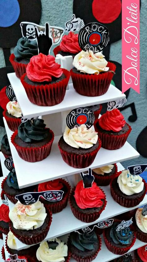 Rock Cupcakes Birthday, One Rocks Cupcakes, Rock N Roll Cake Ideas, Rock And Roll Desserts, Rock And Roll Dessert Table, Rock And Roll 40th Birthday Party, One Rocks Birthday Party Food, Born To Rock Birthday Cake, Rock N Roll Cupcakes