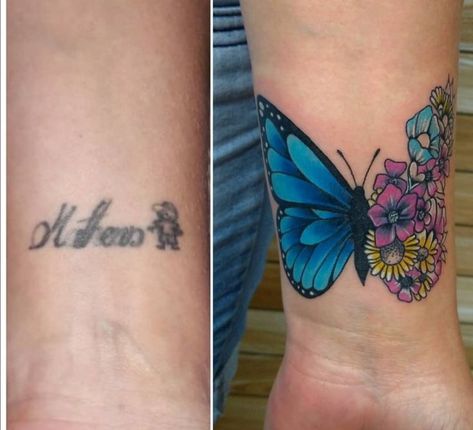 Wrist Cover Up Tattoos For Women Flowers, Dv Tattoo Ideas, Butterfly Coverup Tattoo, Tattoo Ideas For Names, Cover Up Name Tattoos, Coverup Wrist Tattoos For Women, Tattoo Coverup Ideas, Genius Tattoo, Cover Up Tattoos Before And After