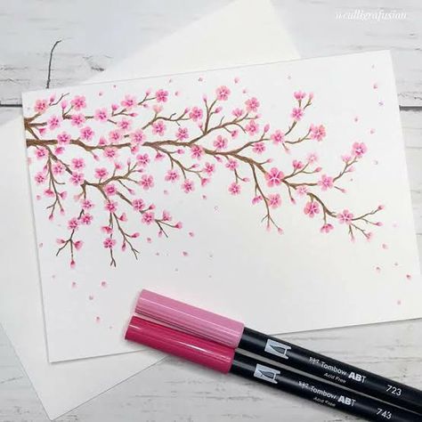 Cherry Blossom Drawing, Cute Flower Drawing, Cute Easy Paintings, Pen Work, Brush Pen Art, Bond Paper Design, Water Brush, Watercolor Card, Flower Sketches