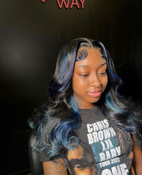 Sew In With Blue Highlights, Side Part Sew In With Color, Birthday Makeup Blue, Sew In With Color, Black And Blue Hair, Bday Hair, Royal Blue Hair, Hair Facts, Natural Hair Bun Styles