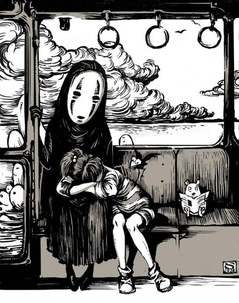 Studio Ghibli Manga Panels, Ghibli Art Draw, No Face And Chihiro, Studio Ghibli Manga, Ghibli Drawing, Drawing Training, Train Scene, Ghibli Tattoo, Ink Pen Art