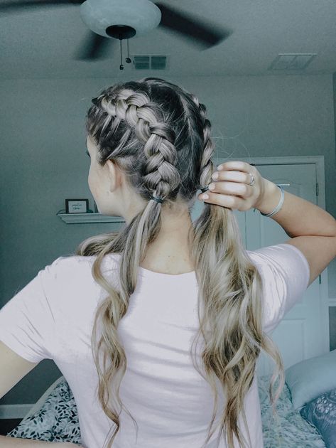 Plaits Into Pigtails, 2 French Braids Into Ponytail Hairstyles, Dutch Braid To Pigtails, Dutch Braids To Ponytail, Dutch Braid With Ponytail, Dutch Braided Pigtails, Chunky Dutch Braid, Dutch Braid Into Pigtails, Pigtail Dutch Braids