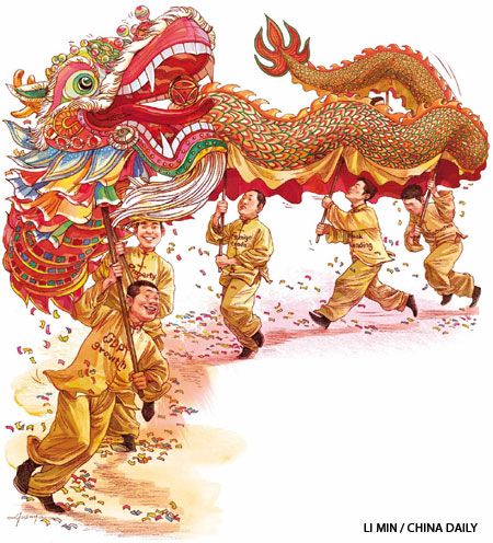 Chinese Dragon Dance, Tigre Y Dragon, Chinese Illustration, Interesting Drawings, Gold Art Painting, Chinese New Year Design, Dancing Drawings, Chinese Element, Chinese Festival