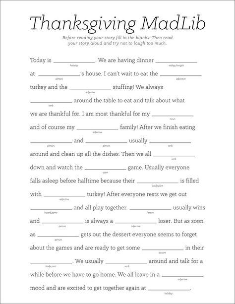 Thanksgiving Mad Libs Printable | 17 Best images about Mad Libs on Pinterest | Thanksgiving, Activities and Framed chalkboard walls Thanksgiving Mad Libs, Free Printable Mad Libs, Mad Libs For Adults, Funny Mad Libs, Word Puzzles Brain Teasers, Thanksgiving Mad Lib, All Verbs, Thanksgiving Planning, Creative Writing Classes