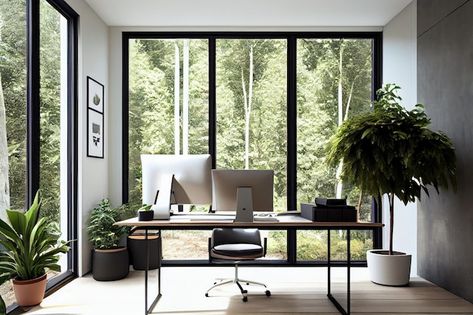 Office with large window showcasing view of greenery outside created with generative ai Office With Large Windows, Man’s Office, Office Window, Big Desk, Office Plants, Open Window, Large Windows, Home Office, Office Decor