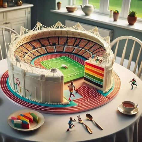 Olympic Cake, Olympic Desserts, Stadium Cake, Basketball Birthday Cake, Olympic Theme, Olympic Party, Basketball Birthday, Olympic Stadium, Pet Day