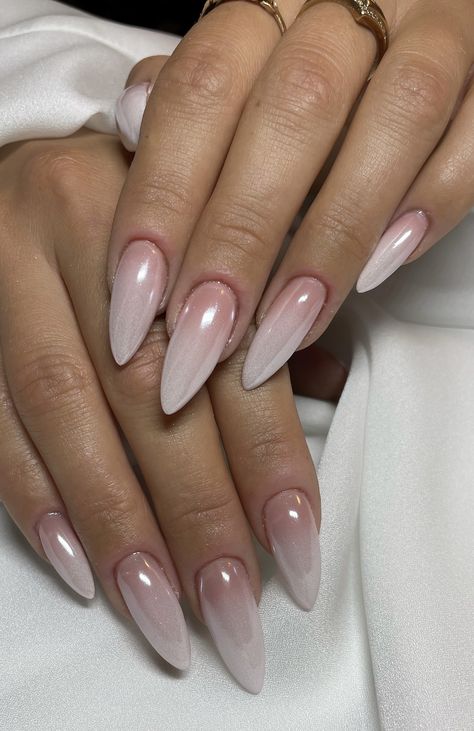 Almond Nails Wedding Guest, Almond Nails With Pearls, Almond Milky White Nails, Single Colour Nails, Ombré Almond Nails, Nails For Wedding Guest, Milky Pink Almond Nails, White Pink Nails, Nails Delicate