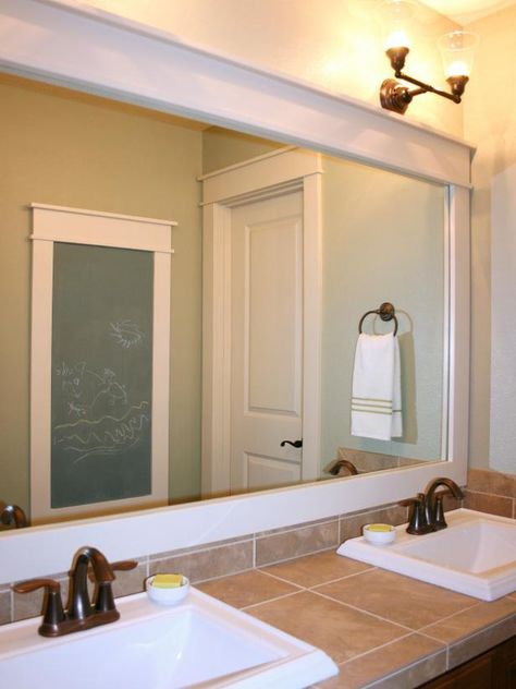 Expert designer Janell Beals transforms a bathroom mirror by adding decorative trim in this how-to on HGTV.com. Makeover Kamar Mandi, Bathroom Mirrors Diy, Large Bathroom Mirrors, Bathroom Mirror Frame, Mirror Frame Diy, Rustic Wall Mirrors, Mirror Wall Bathroom, Bathroom Redo, Large Bathrooms