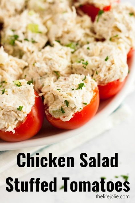 Chicken Salad Stuffed Tomatoes #appetizer Stuffed Tomatoes, Gluten Free Appetizers, Chicken Salad Sandwich, Carb Meals, Salad Sandwich, Tomato Recipes, A Chicken, Quick Dinner, Clean Eating Snacks