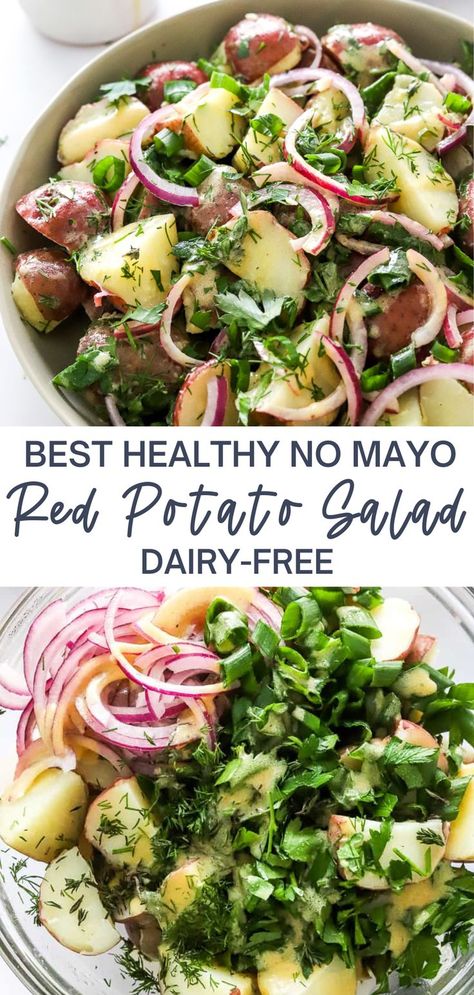 This no mayo healthy red potato salad is the best dairy free creamy potato salad ever! It is loaded with tender potatoes, spicy red onion, herbs and the best dijon dressing. Plus, it is diary free! Perfect for July 4th! Dairy Free Potato Salad, Healthy Potato Salad, Healthy Picnic Foods, Red Potato Recipes, Healthy Potato, Red Potato Salad, Potato Salad Healthy, Dijon Dressing, Red Potato