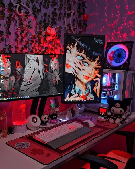 Who's ready for spooky season? 👹🖤 I live and breathe horror content daily, but now I have an excuse to do it even more! 👻 ✨️ Partners: @talesofamanda @cozyfrappie @__enjoytherage__ #gamingsetup #pcgaming #gamingpc #deskgoals #pcsetup #pcmasterrace #pcbuild #pcgamer #desksetup #girlgamer #gamergirl #cozygamer #desktour #deskdecor #horrorart #deskstyling #minecraft #minecraftbuilds #mangahorror #cozygamingcommunity #horroranime #cybercore #tomie #junjiito #horrorfan #spookyseason Desk goal... Cybercore Evangelion, Room Arrangement Ideas, Games Room Inspiration, Island Artwork, Retro Games Room, Gaming Desk Setup, Setup Gamer, Dream Desk, Computer Desk Setup