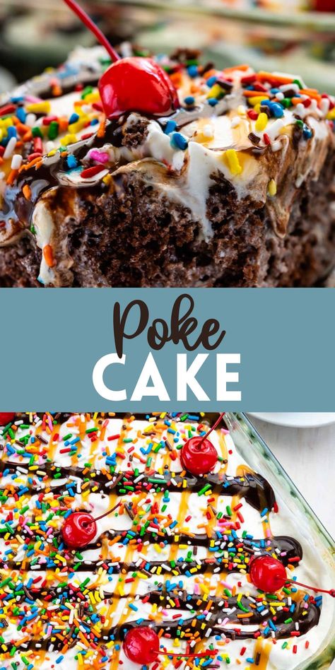 Ice Cream Poke Cake is a melted ice cream cake - a poke cake using a cake mix that's the perfect birthday cake recipe! Ice Cream Poke Cake, Birthday Cake Poke Cake, Cotton Candy Poke Cake, Birthday Cake Delight, Hello Poke Cake, Birthday Poke Cake, Ice Cream Sheet Cake, Melted Ice Cream Cake, Hello Cake