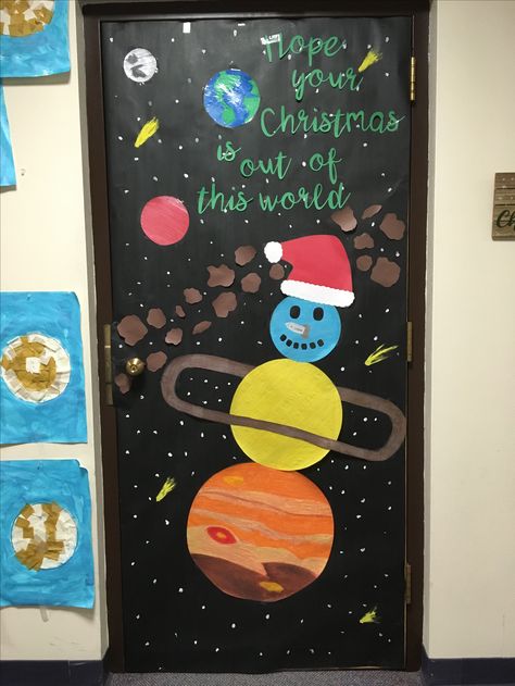 Winter Space theme door! Outer Space Valentines, Tk Ideas, Space Theme Classroom, Space Christmas, Space Classroom, Science Decor, Abc Coloring, Winter Door, Theme Classroom