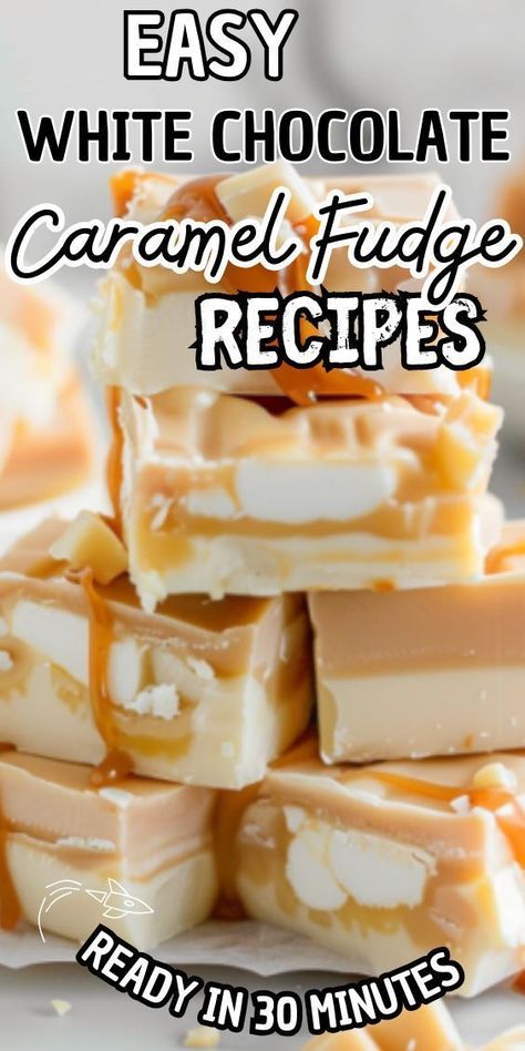 Easy White Chocolate Caramel Fudge recipe. Imagine smooth, creamy white chocolate mingled with ribbons of luscious caramel, creating a delightful confection that melts in your mouth. Whether you're craving a sweet treat for yourself or looking to impress guests at a gathering, this fudge is Chocolate Caramel Fudge Recipe, Caramel Fudge Recipe, Fudge With Marshmallow Cream, Chocolate Caramel Fudge, White Fudge, White Chocolate Caramel, Maple Fudge, White Chocolate Fudge, Salted Caramel Fudge