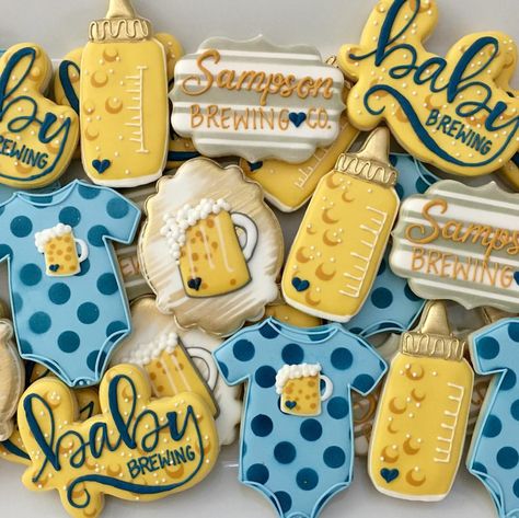 Baby brewing cookies #decoratedcookies #sugarcookies #royalicing #babybrewing #babyshower #beer #babyboy #beerparty #brewing #orangecounty… Fun Baby Shower Themes, Cookie Pictures, Baby Shower Sweets, A Baby Is Brewing, Man Shower, Baby Is Brewing, Couples Baby Showers, Coed Baby Shower, Shower Cookies