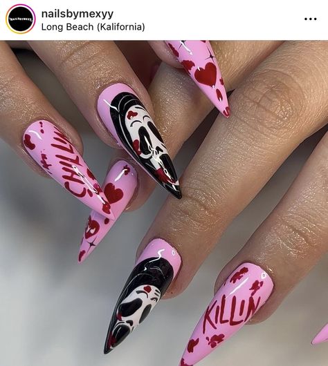 Scream Knife Nail Art, Scream Nail Art Pink, Scream Mask Nails, Scream Valentine Nails, Ghost Face Nails Pink, Scream Face Nails, Pink Scream Halloween Nails, Scream Movie Nails, Pink Ghostface Nails