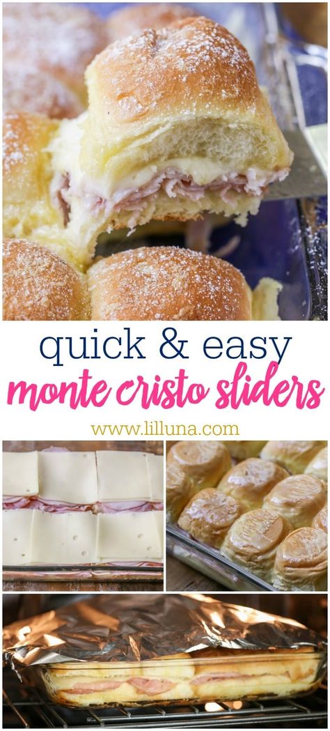 Sweet and Salty Monte Cristo Sliders are the ultimate party food!! Just like their name-sake, but as an appetizer. #montecristosliders #montecristo #sliders #montecristosandwich #appetizer Montecristo Sliders, Party Food Sandwiches, Monte Cristo Sliders, Football Recipes, Sandwich Cheese, Cheese Turkey, Food Sandwiches, Monte Cristo Sandwich, Gluten Free Puff Pastry