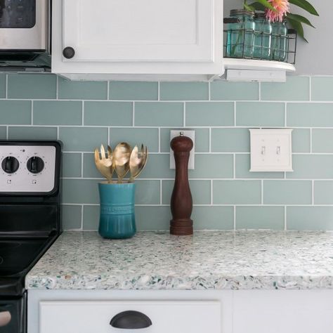 Coastal Kitchen Backsplash Ideas, Coastal Kitchen Backsplash, Color In Home, Home Color Ideas, Blue Kitchen Designs, Recycled Glass Countertops, Green Kitchen Island, Coastal Kitchens, Home With Color