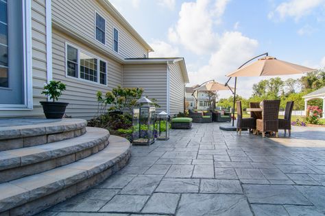 20141002_SharperCut_MBP_4199 | AFTER - completed backyard re… | Flickr Patio Stairs, Cement Patio, Concrete Patio Designs, Concrete Patios, Patio Steps, Stone Steps, Exterior Stairs, Stamped Concrete Patio, Concrete Stairs