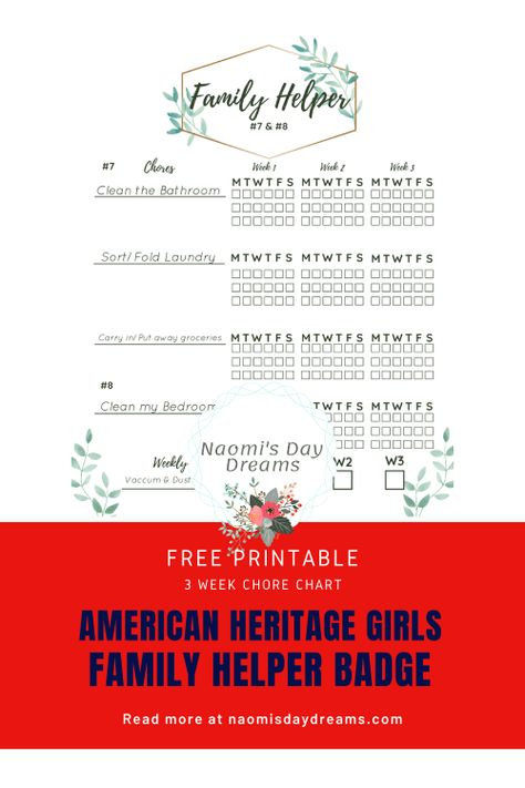 Use this free printable chore chart as your American Heritage Girl works on her Family Helper badge, requirements #7 and #8. Ahg Tenderheart, American Heritage Girls Tenderheart, Blank Chore Chart, American Heritage Girls Badge, American Heritage Girls Ahg, Ahg Badge, Free Printable Chore Charts, American Heritage Girls, Badge Template