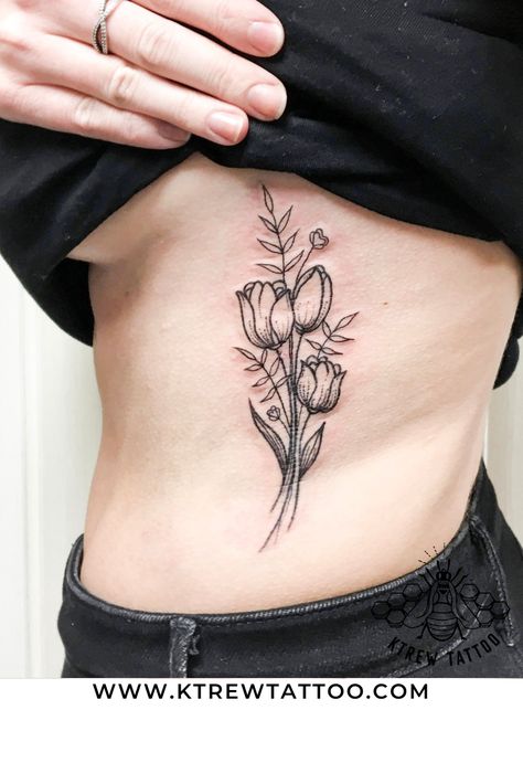 Tulip Tattoo Shoulder, Tulip Tattoo On Ribs, Tulip Rib Tattoo, Tulip Tattoo Sleeve, Tulip Bouquet Tattoo, Tulip Flower Tattoo, Tulips Tattoo, Tat Placement, Tattoo Tulip