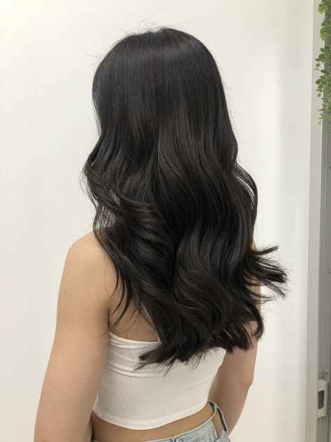 Long black hair styled with curls Black Hair On Brunettes, Soft Curls Dark Hair, Neutral Black Hair Color, Brownish Black Hair Color, Light Black Hair Color, Soft Curls Black Hair, Wavy Black Hairstyles, Long Black Curled Hair, Wavy Black Hair Aesthetic