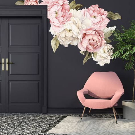 Wallpaper is making a comeback in a big way this year, but with a decidedly modern spin. Big and bold statement making designs are everywhere these days. With these large floral wall decals, your friends will think you hired a designer. But here is the best part…they are removable. Watercolor Peony, Floral Wall Decals, Smart Tiles, Wallpaper Floral, Fabric Wall Decals, Flower Wall Decals, Pink Chair, Wallpaper Tumblr, Mural Floral