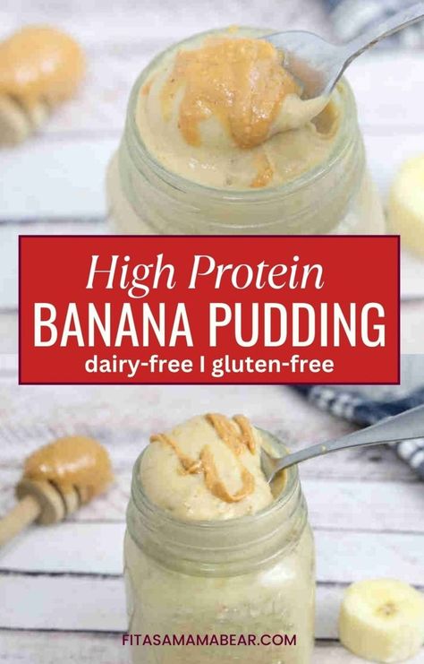 Two images of banana protein pudding in a jar with peanut butter on top and text between the images. Protein Banana Pudding, Banana Pudding Smoothie, Protein Pudding Recipe, Healthy Banana Pudding, Peanut Butter Banana Protein, Healthy Protein Desserts, Recipes With Cool Whip, Banana Cream Pudding, High Protein Desserts