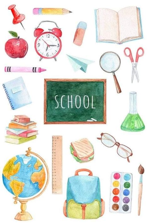 Back To School Watercolor, School Watercolor, Back To School Wallpaper, Apple Sandwich, Back To School Clipart, Pin Backpack, School Illustration, Idee Cricut, Teacher Clipart