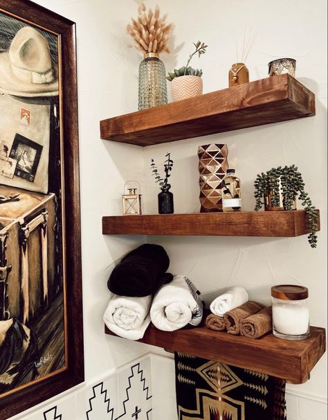 Western Shelves Decor, Western Bathroom Shelf Decor, Western Bathroom Counter Decor, Small Bathroom Western Decor, Small Front Porch Ideas Western, Western Chic Bathroom Ideas, Western Boho Shelf Decor, Simple Western Bathroom, Bathroom Western Ideas