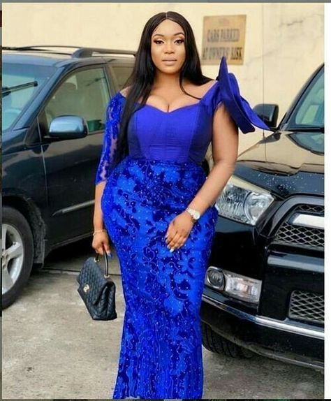 Royal blue lace gown styles Party Guest Dress, Aso Ebi Lace Styles, Royal Blue Gown, African Wedding Attire, Reception Outfit, African Lace Styles, Native Dress, Royal Blue Lace, Lace Gown Styles