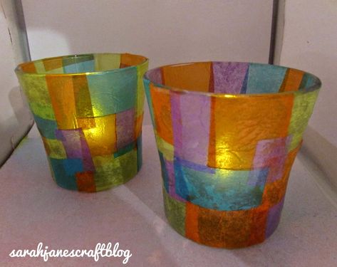 Tissue Paper Stained Glass Candle Holders Tissue Paper Candle Holders, Tissue Paper Lanterns, Stained Glass Candle, Stained Glass Candle Holders, Stained Glass Candles, Tissue Paper Crafts, Faux Candles, Lantern Craft, Inexpensive Crafts