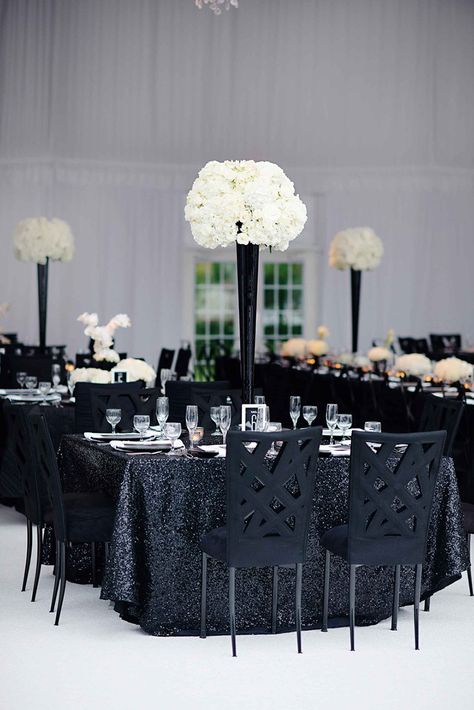 love the tall wedding centerpieces and black sequin table linens! ~  we ❤ this! moncheribridals.com Black And White Wedding Reception, Black And White Centerpieces, Spring Wedding Outfit, White Wedding Reception, White Weddings Reception, Black And White Wedding Theme, White Wedding Decorations, Tall Wedding Centerpieces, Tafel Decor