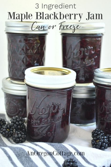 Homemade blackberry jam sweetened only with maple syrup! Using just 3 ingredients and no pectin, this jam recipe can be put in the freezer or canned (tip- which would make it a great Christmas gift!). #blackberries #jam #maplesyrup #anoregoncottage Blackberry Jam Recipe, Homemade Blackberry Jam, Blackberry Jam Recipes, Freezer Jam, Freezer Containers, Water Bath Canning, Blackberry Jam, Jam And Jelly, Jam Recipe