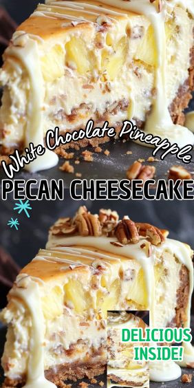 White Chocolate Pineapple Pecan Cheesecake White Chocolate Pineapple Pecan Cheesecake, Samoa Cheesecake Recipe, Pineapple Cream Cheesecake, Praline Pecan Cheesecake, Pineapple Cheesecake Recipes, Hummingbird Cheesecake, White Chocolate Pineapple, Pineapple Upside Down Cheesecake, Samoa Cheesecake