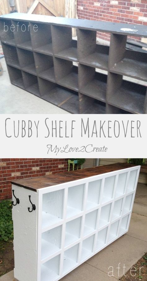 An old cast off piece comes to life in this cubby shelf makeover with paint, face trim, and an old barn wood top. Painting Cube Storage, Upcycle Cubby Storage, Paint Cube Storage, Storage Cubby Makeover, Upcycle Cube Storage Diy, Painted Cube Storage, Cubby Shelf Makeover, Cubby Storage Ideas, Cube Storage Makeover