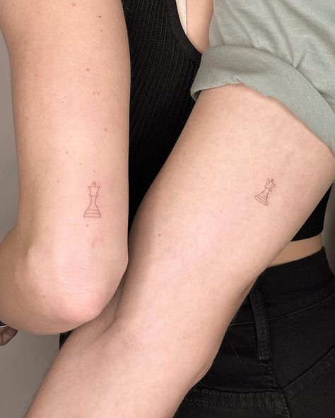 Chess Matching Tattoo, King Queen Chess Tattoo, Simple Chess Tattoo, I Am King Tattoo, Tattoo Chess Piece, Small Chess Piece Tattoo, Queen Cheese Piece Tattoo, Queen Chess Piece Tattoo Minimalist, Couples Chess Piece Tattoos