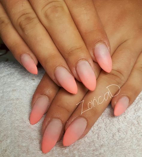 Matte Ombre French Nails, Matte Ombre Nails Almond, Coral And White Ombre Nails, Peach Ombre Nails Almond, Ombre Tips Nail, Nails Sunset Ombre, Peach And Pink Ombre Nails, Ombré Biab Nails, Ombre Dip Powder Nails Almond